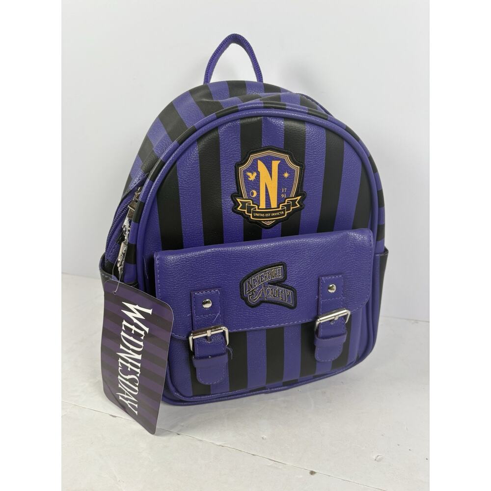Wednesday Addams Nevermore Academy Women's Striped Mini Backpack, Purple/Black